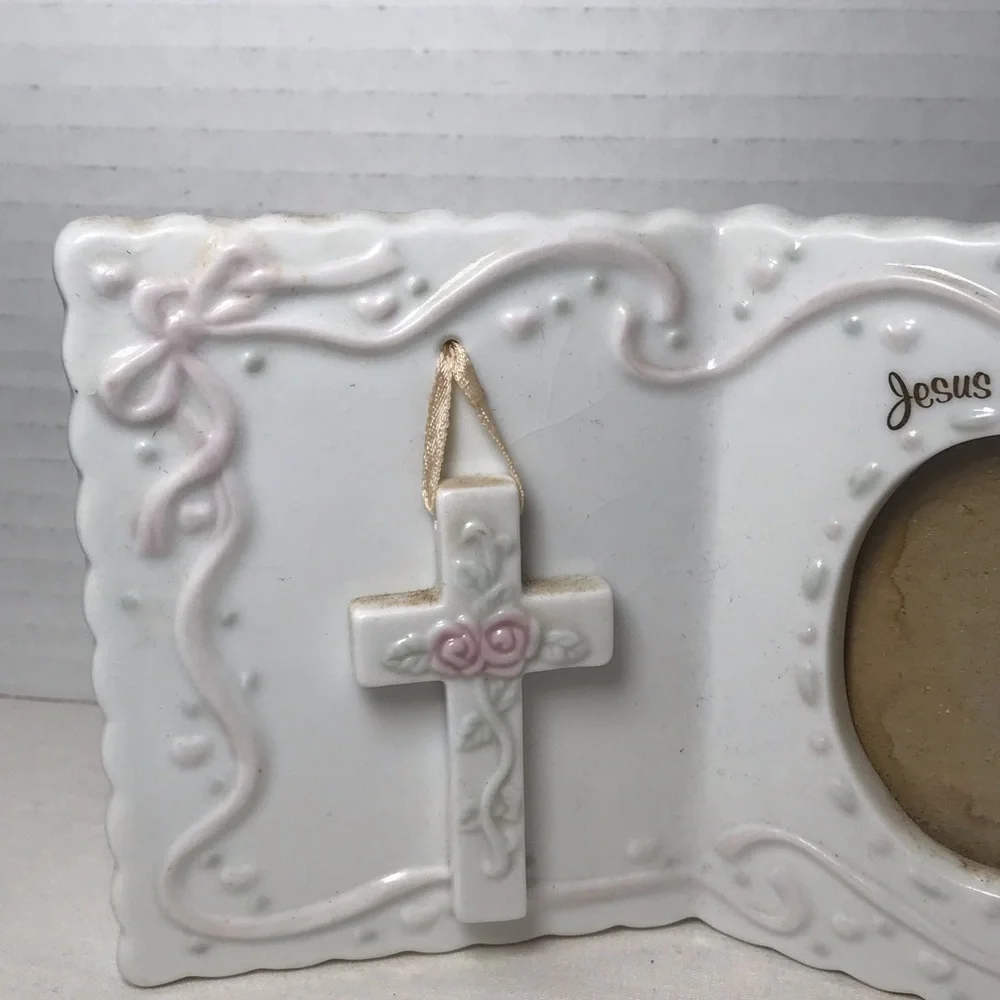Russ Berrie White Ceramic Frame with Pink Accents and Cross